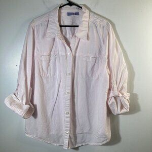 Womens Laura Scott Stripe Button Shirt Pink White 3X Cotton Roll Tab‎